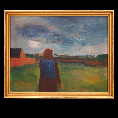 Jens Søndergaard, 1895-1957, oil on canvas. 
"Landscape". Signed and dated 1948. Visible size: 
96x122cm. With frame: 112x138cm