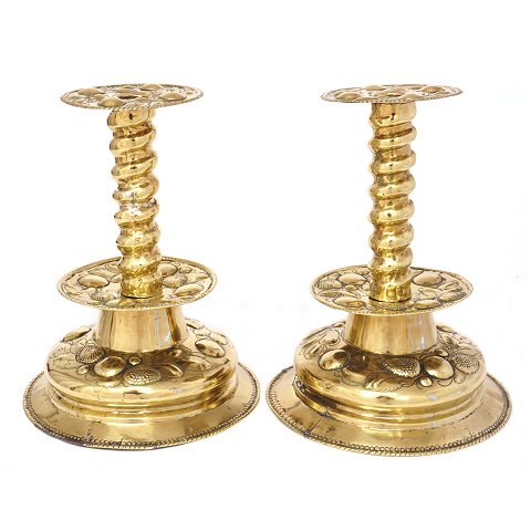 Pair of Swedish Baroques brass candle sticks. 
Circa 1750. H: 28cm