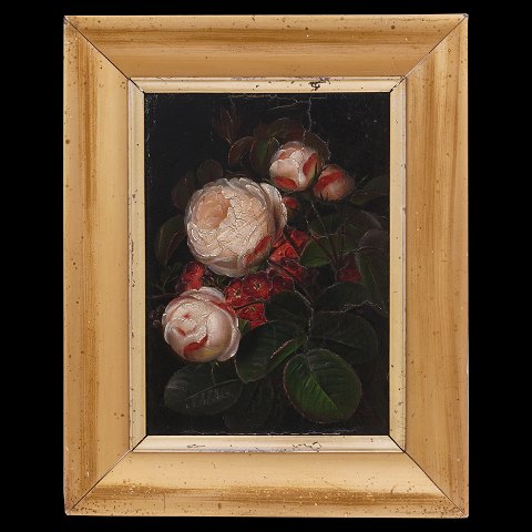 Signeret I. L. Jensen blomstermaleri. Johan 
Laurentz Jensen, 1800-56, olie på lærred på 
træplade. Stilleben med roser. Signeret "I. L. 
Jensen" ca. år 1830-40. Lysmål: 20x14,5cm. Med 
ramme: 29x23,5cm