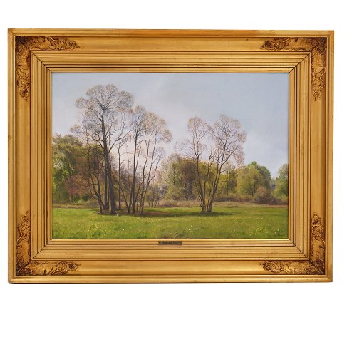 Janus la Cour, Denmark, 1837-1909, oil on canvas. 
Signed. Landscape, spring. Visible size: 44x63cm. 
With frame: 65x84cm