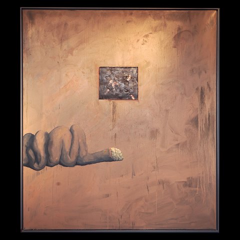 Michael Kvium, Dänemark, g. 1955, Öl auf Leinen. 
Signiert und datiert 1991. Lichtmasse: 165x190cm. 
Mit Rahmen: 170x195cm