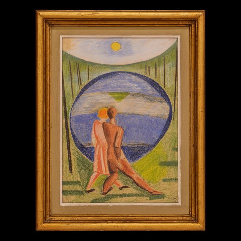 Vilhelm Bjerke Petersen, tegning. Vilhelm Bjerke 
Petersen, 1909-57, tegning, kridt på pap. Art Deco 
motiv med kærestepar i landskab med sol. Signeret 
og dateret 1931. Lysmål: 36x25cm. Med ramme: 
48x37cm