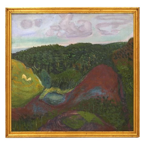 Jens Søndergaard maleri. Jens Søndergaard, 
1895-1957, olie på lærred. Landskab dateret og 
signeret 1936. Lysmål: 66x69cm. Med ramme: 73x76cm