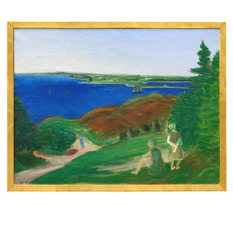 Jens Søndergaard maleri med motiv fra Limfjorden. 
Jens Søndergaard, 1895-1957, olie på lærred. 
Signeret og dateret 1936. Betitlet 
"Sommerlandskab" visende udsigt fra Toftum Bjerge 
mod Oddesund. Lysmål: 93x123cm. Med ramme: 
102x132cm