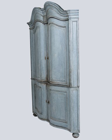 Large Baroque Corner Cabinet - Original Blue Paint & Brass Fittings - Natural Patina - Curved Doors - 1780s