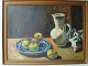 Eyvind Olesen 
(1907-95):
Opstilling med 
frugtfad og 
kande 1941.
Olie på 
lærred.
Sign.: E. ...