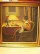 painting
 Aage Jessen
 Interiors 
girl sewing 
lamp glaring 
light
 Height: 67 
cm, Width: 66 
...