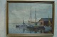 Gustav P. 
Rimmer 
(1904-88):
Fiskekuttere 
losser fisk i 
havnen 1939.
Olie på 
lærred.
Sign.: GP ...