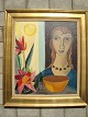 Josef José 
(født 1919):
Kvinde ved 
vindue med 
blomster og 
skål.
Olie på 
lærred.
Sign.: Josef 
...