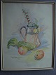 Ebba Langballe 
(20 årh):
Opstilling med 
kande, frugt og 
græskar 1954.
Akvarel på ...