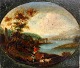 Flamsk kunstner 
(18. årh.): 
Landskab med 
personer, dyr 
og ruiner. Olie 
på karton. 
Oval. 18 x 18 
...