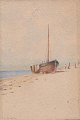 Italiensk 
kunstner, 19. 
årh. : Skib på 
en strand med 
personer. 
Akvarel. 
Signeret. D. la 
Vampika. ...