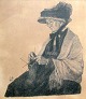 Rohde, Johan 
(1856 - 1935) 
Danmark: Kone 
med kysehat. 
Litografi. 
Signeret i 
trykket.: J. R 
1915. ...
