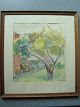 Peer Lorentz 
Dahl 
(1915-2005):
Haveparti med 
æbletræ 1945.
Akvarel på 
papir.
Betegnet - ...