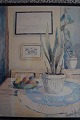 Ubekendt 
kunstner (20 
årh):
Opstilling på 
bord ved vindue 
med frugter og 
"Svigermors 
skarpe ...