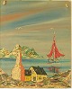 Von Gusiko f. 
1923: 
Parti fra 
Grønland. 
Bygt med 
sejlskib og 
sneklædt 
fjeld i 
baggrunden, ...