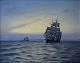 Alfred Olsen b. Fejø 1854, d. Copenhagen 1932. Sailing ship at sunset.