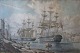 Håndkoloreret 
litografi, 19. 
årh. Engelske 
krigsskibe i en 
havn. 28 x 43 
cm.
Indrammet. 