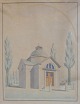 Dansk kunstner 
(19. årh.) 
Danmark: 
Arkitektur 
tegning af 
tempel. Akvarel 
på papir. 57 x 
45 cm. ...