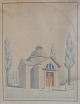 Dansk kunstner 
(19. 
&aring;rh.): 
Arkitektur 
tegning af 
kapel. Akvarel 
p&aring; papir. 
57 x 45 ...