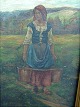 Fransk maleri 
kone med køer
Højde: 46  
Bredde: 54 cm 
mål er incl. 
Rame