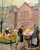 Dansk kunstner, 
20. årh. 
Blomstermarked, 
Israels Plads, 
København.
Olie på 
lærred. 
Usigneret. ...