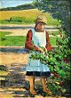 Jacobsen, Rud 
(1894 - 1955) 
Danmark: En 
pige plukker 
bær i haven. 
Signeret. Olie 
på lærred. 38 x 
...