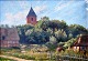 Dansk kunstner 
(20. årh.) En 
landsby med 
kirke. Olie på 
lærred. 30 x 43 
cm. 
Indrammet. 