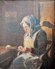 Søndergaard, 
Ole (1917 - 
1958) Dänemark: 
Eine ältere 
Strickerin. Öl 
auf Leinwand. 
Verso ...