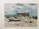 Aage Lund 
(1892-1972):
Strandparti 
med båd og 
fiskerhus.
Farveradering 
på papir.
Uden ...