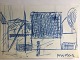 Peder Brøndum 
Sørensen 
(1931-2001):
Person ved 
huse 19563.
Tusch/kuglepen 
på papir.
Sign.: ...