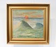 Maleri med motiv af solnedgang og med guld ramme signeret H. Ellemann.
5000m2 udstilling.
