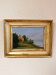 Olie på lærred Lille 1800tals maleriKystparti med hus og skibusigneretMål 22 x 27,5cm ...