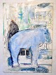 Bovin, Karl Christian (1907 - 1985) Danmark: Et lyseblåt dyr. Tegning/akvarel på papir. ...