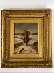 Antikt maleri af pige der samler brænde i gammel guldramme. 19.århundrede. Signeret Hardy. ...