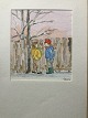 Erik Stuhr (1936-2014):2 drenge med kælk i samtale 1991Akvarel på papir monteret på ...