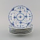 Six Royal Copenhagen Blue Fluted Half Lace Plates. Model number 1/575.
