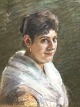 Ubekendt kunstner (19/20 årh):Portræt af ung kvinde med hvidt sjal og kreoler ...