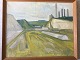 Ubekendt kunstner (20 årh):Landskab med fabriksskorstene 1956.Olie på lærred.Sign.: EJ ...