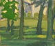 Niels Grønbech (1907-1991), dansk maler. Olie på lærred. Modernistisk parkmotiv med træer og hus ...