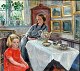 Pedersen, Erik Gotlieb (1888 - 1947) Danmark. Stueinteriør med kvinde og barn ved thebordet. ...