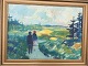 Knud Horup 
(1926-73):
2 personer i 
landskab.
Olie på 
lærred.
Sign.: Horup
39x55 (47x62)