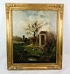 Billedkunst i 
form af 
landskabs 
oliemaleri på 
lærredet med 
motiv af kirke, 
høns og toilet 
i ...
