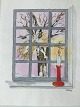 Erik Stuhr (1936-2014):Stearinlys i julevindue.Akvarel på pap.Sign.: E. Stuhr.Uden ...