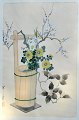Ashikaga, Shizud (1917 - 1991) Japan: Blomster i en træspand. Træsnit. Signeret. 39 x 25 ...