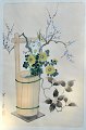 Ashikaga, 
Shizud (1917 - 
1991) Japan: 
Blomster i en 
træspand. 
Træsnit. 
Signeret. 39 x 
25 ...