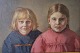 Helga Ancher: Maleri Olie på lærred. To piger i blå og rød kjole Signeret H.A. ca 47 x 65 cm ...