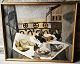 Olie på lærred: "Opstilling på bord ved altan". Malet af svenske Hugo Linér (1900-1981). ...