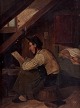 Oliemaleri på 
plade, 
nordeuropæisk 
maler.
1800-tallet.
Eksteriør fra 
loftskammer med 
læsende ...
