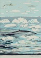 Aka Høegh, Grønlandsk kunstmaler. Farvelitografi på papir.Grønlandsk havmotiv med hval, ...